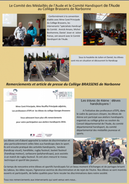 Le Comité des Médaillés de l'Aude et le Comité Handisport de l'Aude au Collège BRASSENS de Narbonne